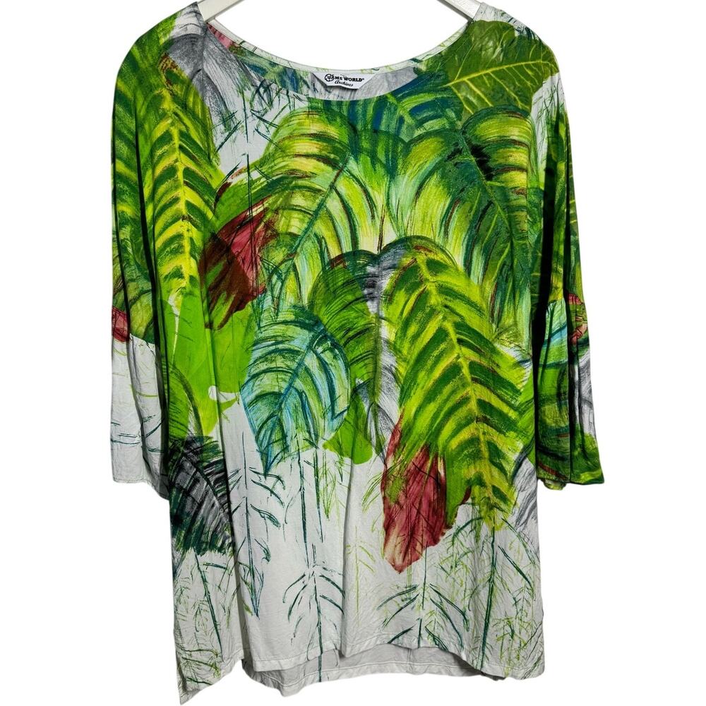 Jams World Tropical Palm Novelty‎ Print Bell Sleeve Top Women L Boho Coastal